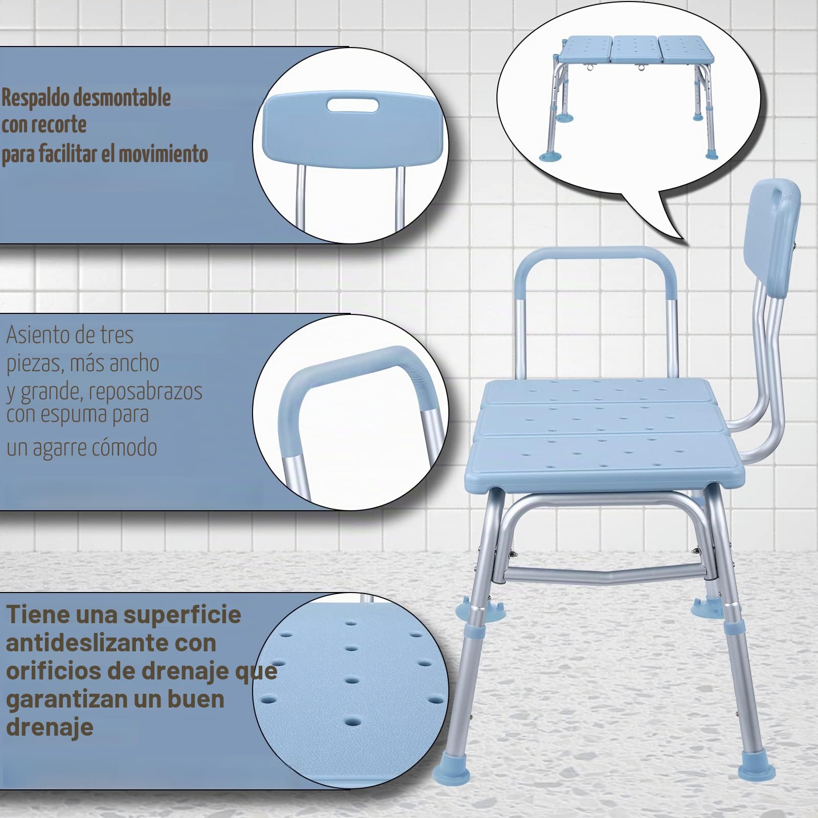 ACXIN Asiento de bañera para personas mayores con asa acolchada, altura regulable, taburete de ducha con respaldo y reposabrazos, antideslizante, hasta 150 kg