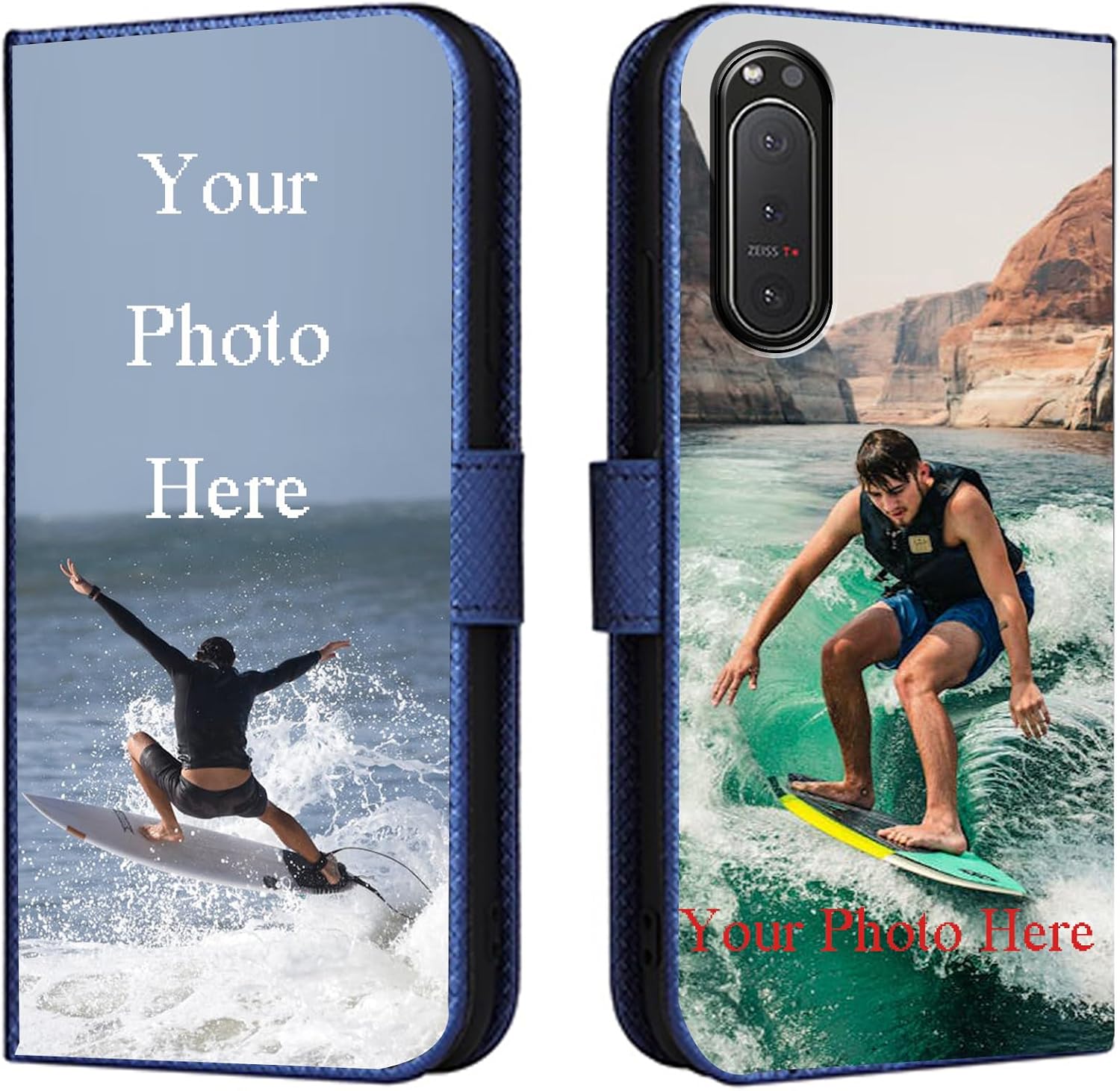 Personalised Case for Sony Xperia 5 III Flip Leather Case with Card Slot Stand Function with Own Photo Image Text Personalised Mobile Phone Case   Blue-LN4