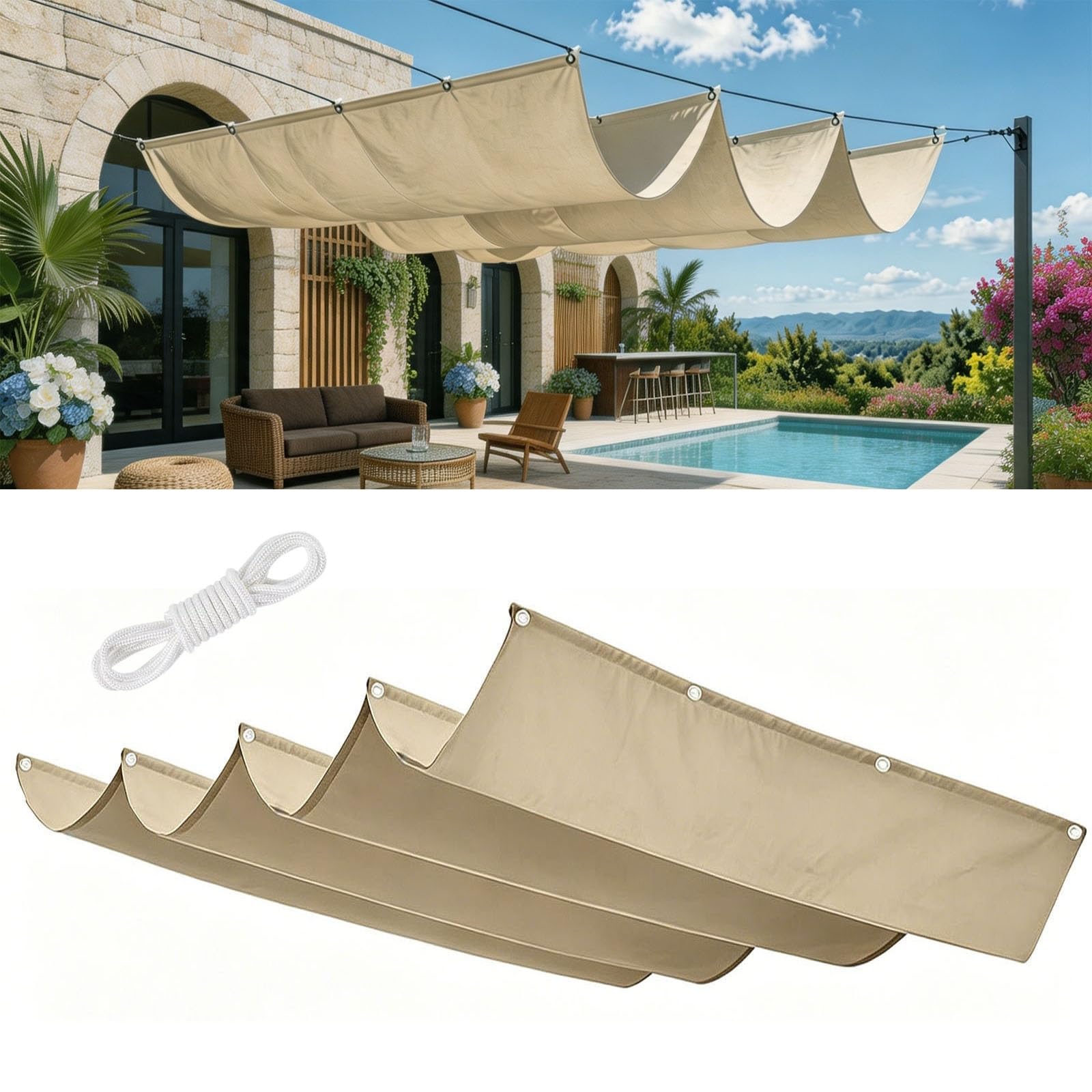 Voile-D'Ombrage Rétractable Vague 0.8 x 4.2 m Rectangulaire Imperméable Anti-UV et Indéchirable Contre Le Vent Toile Ombrage Imperméable pour Patio Jardin Terrasse, Kaki