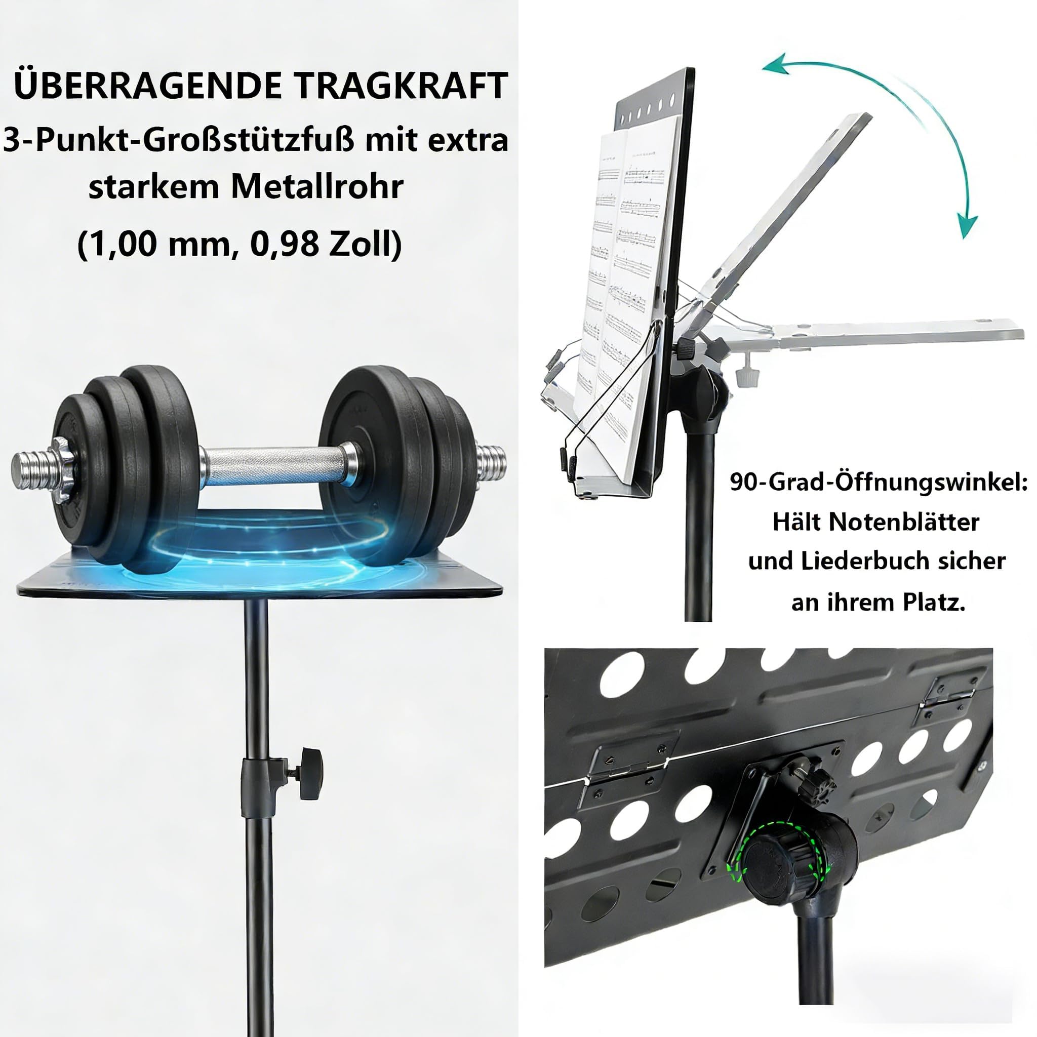 Pupitre de partition professionnel pliable robuste en métal avec plateau perforé, réglable en hauteur et pliable, avec sac de transport, idéal pour les spectacles de groupe et les répétitions