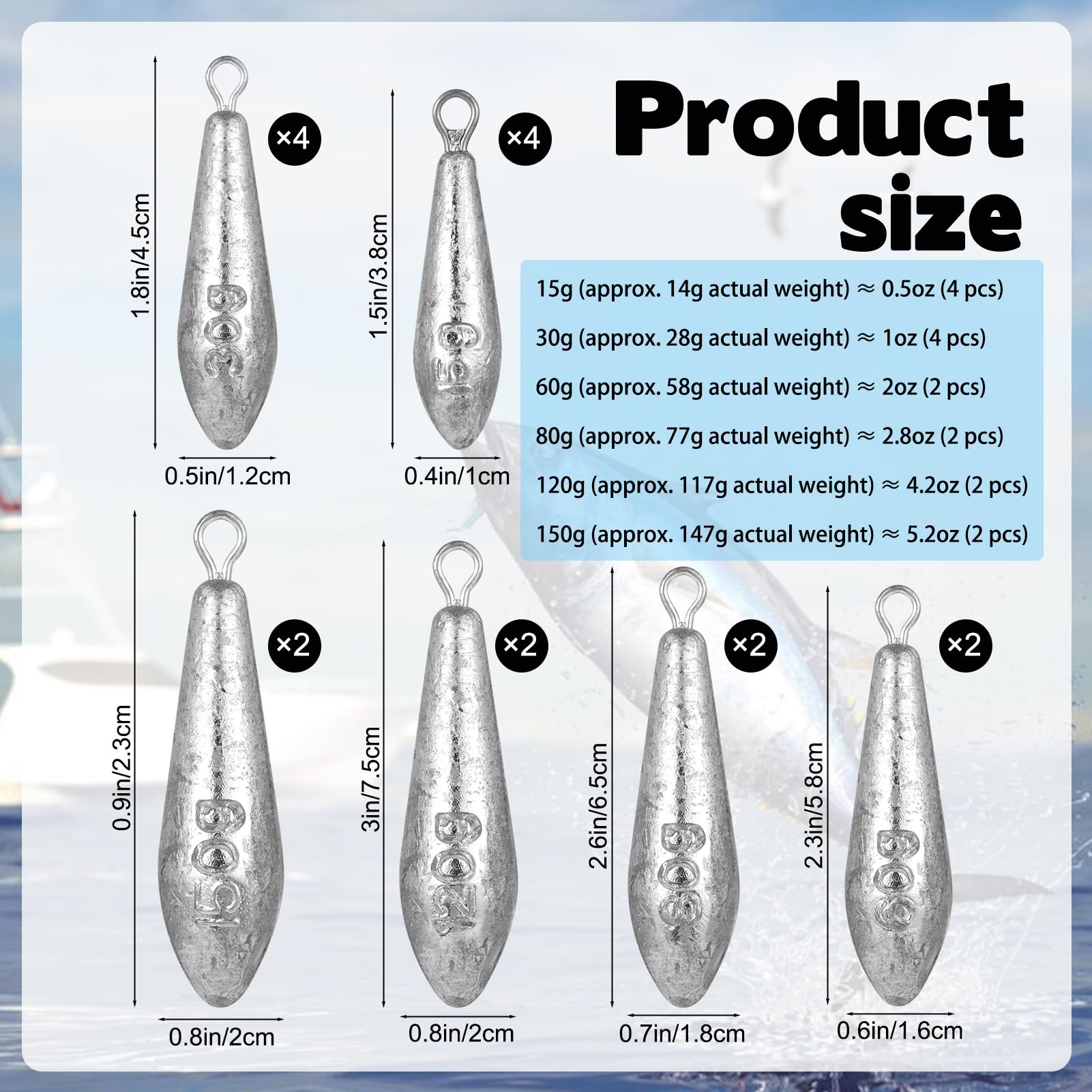 Angelgewichte, Sinker, 16 Stück, Bank-Angelblei, Gewichte-Set für Salzwasser, Süßwasser, Surfen, Barsch, Fischwerfen, Fischausrüstung, 14,2 g, 28,3 g, 56,7 g, 79,4 g, 119,1 g, 147,4 g