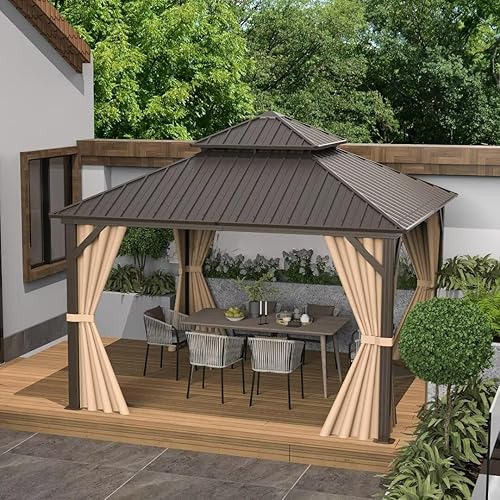 Miniatura 2 de Domi - Cenador de metal con techo rígido de 12 x 12 pies, kiosco de aluminio para exteriores con doble techo de acero galvanizado, cortina y red,