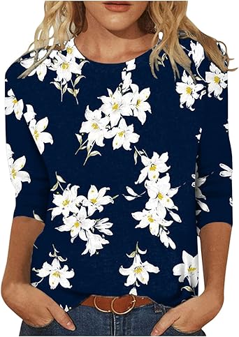 HTHLVMD Womens 3/4 Length Sleeve Tops 2025 Fall Fashion Floral Print Crewneck Causal Trendy Tunic Tops for Women