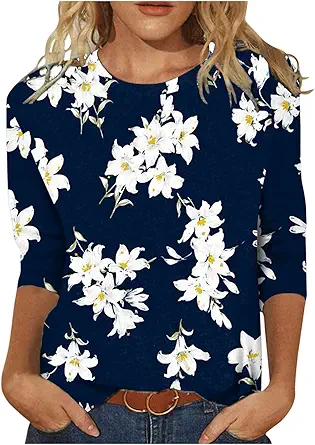 HTHLVMD Womens 3/4 Length Sleeve Tops 2025 Fall Fashion Floral Print Crewneck Causal Trendy Tunic Tops for Women