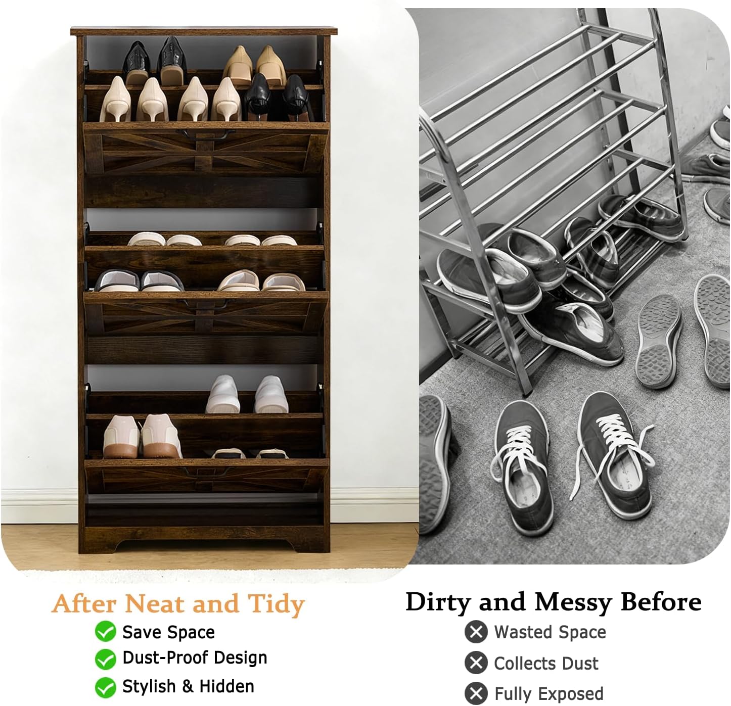 Shoe Storage Cabinet with 3 Flip Drawers, Farmhouse Shoe Organizer with Barn Door Design, Space-Saving Hidden Narrow Shoe Rack Cabinet for Entryway, Hallway & Foyer, Brown