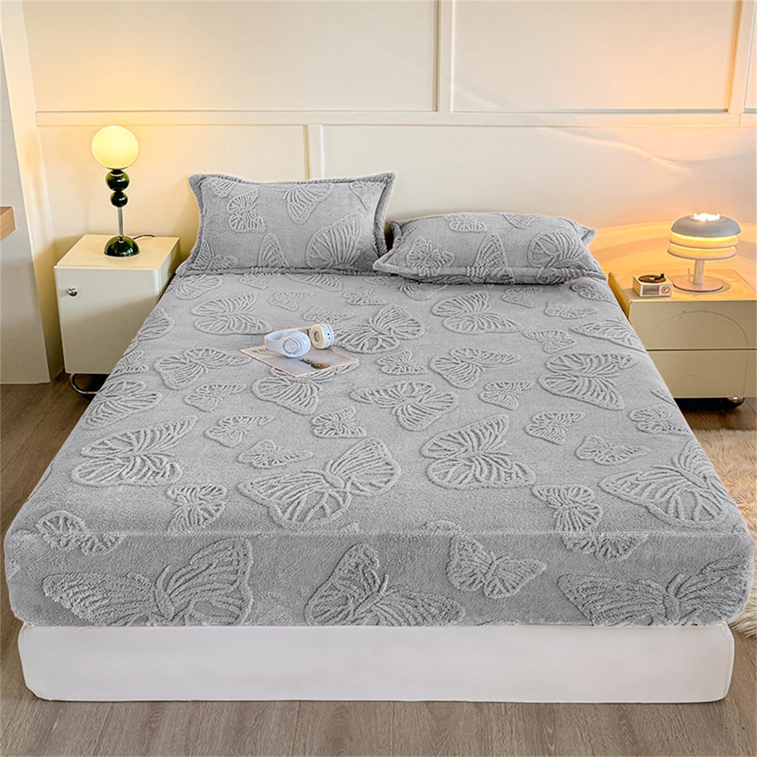 Flannel Velvet Bed Sheet, Winter Super Soft Cosy Plush Shaggy Taffeta Elastic Fitted Mattress Protector, with 11" Deep Pocket, for Kids Teenager Bedroom (Blue Gray,King)