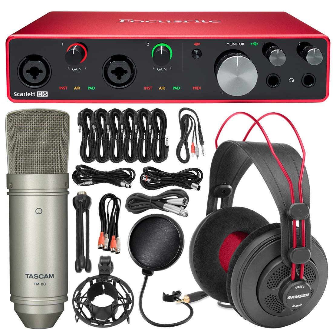 Focusrite Scarlett 8i6 8-in 6-out USB Audio Interface + Tascam Studio Condenser Microphone, SR850 St