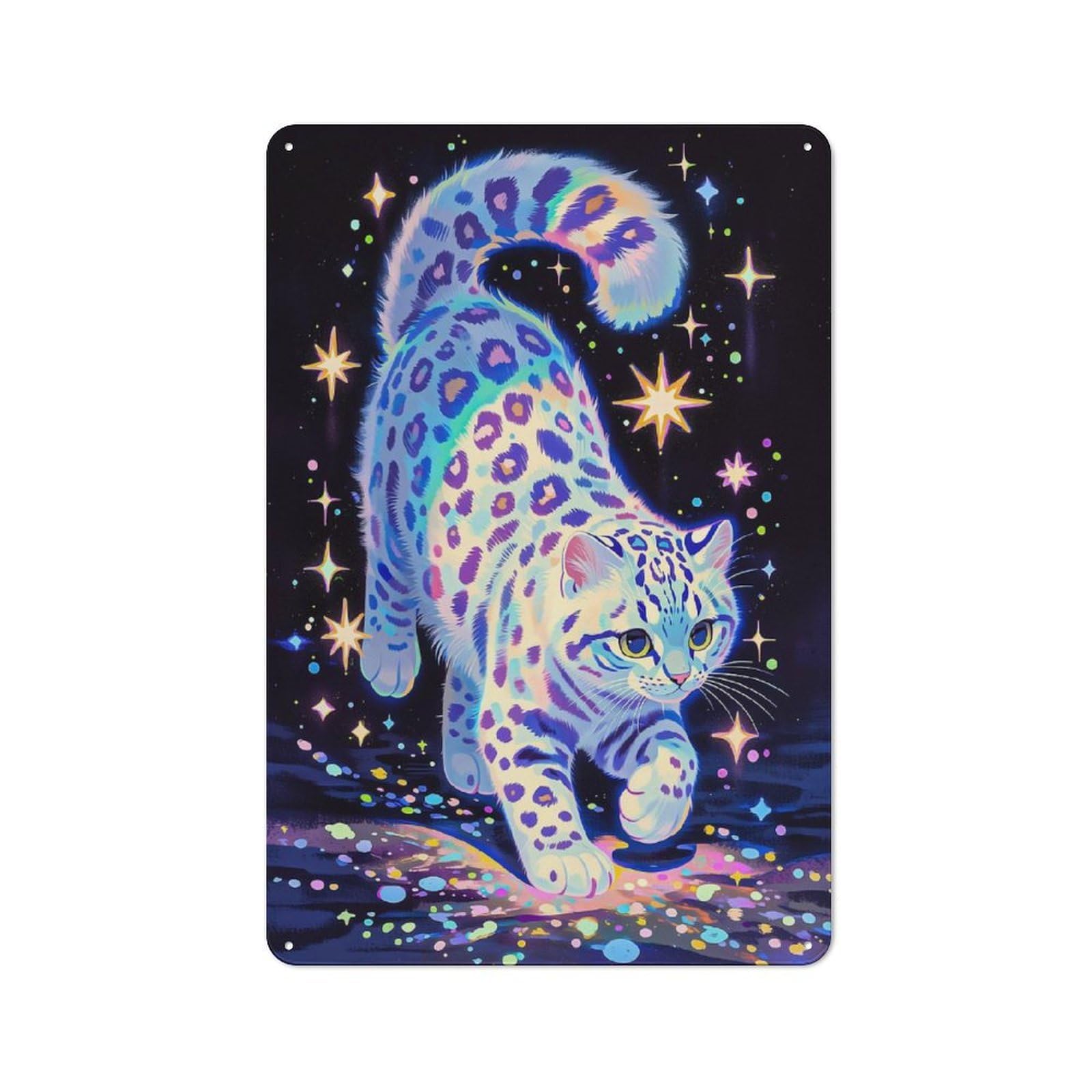 Junmoney Style-20 Loft Style Metal Wall Art Sign 30X20cm Featuring Rainbow Snow Leopard In Starry Night, Urban Room Decor For Loft, Studio, Office Or Creative Room