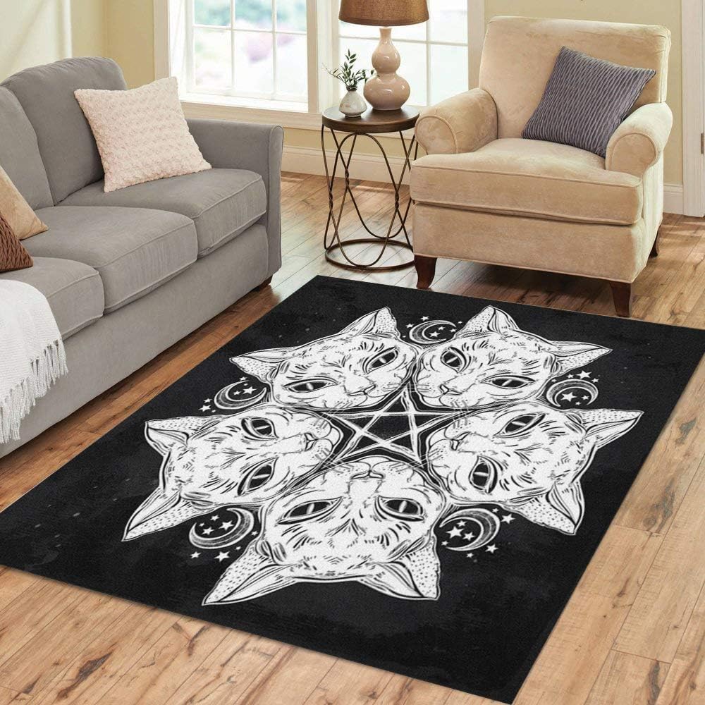 Pinbeam Area Rug Black Cat Head Round Portrait Mandala Moon Pentagram Home Decor Floor Rug 3' x 5' Carpet