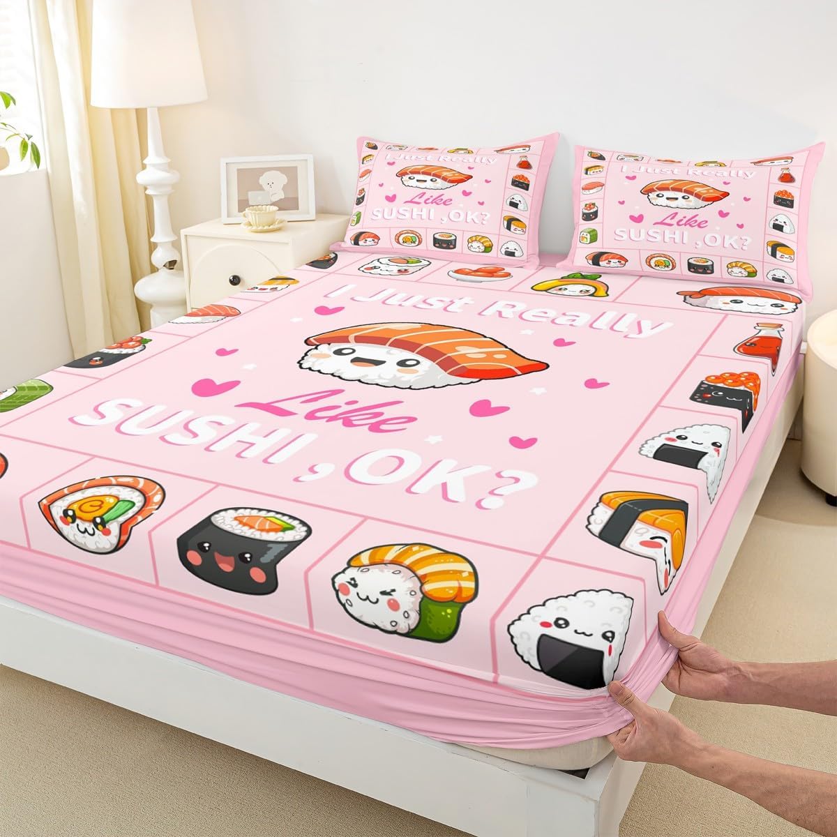 Homewish Sushi Bedding Set Twin Size,Cartoon Sushi Love Heart Print Fitted Sheet 2Pcs,Japanese Style Food Bed Sheet for Kids Boys Girls Bedroom Decor,Light Blue Deep Pocket Sheet,1 Pillowcase