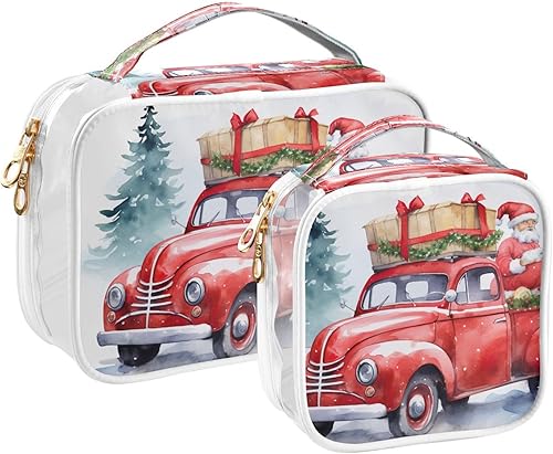 Christmas Red Trunk Santa Claus Clear Toiletry Bag for Traveling,2 Pack Makeup Cosmetic Bag with Zipper,Travel Bag for Toiletries,Travel Essentials