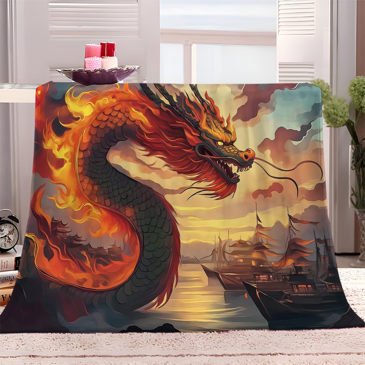 Couverture fantaisie dragon chinois style anime plaid canapé chaud flanelle 130x150