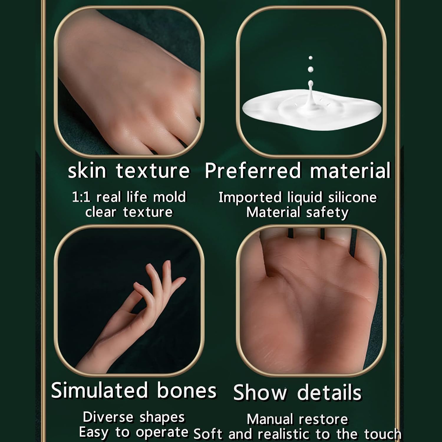 Manicure Silicone Hand Model, Simulation Skin Texture Female Hand Mannequin with Embedded Nails for Nail Art Jewelery Ring Glove Bracelet Bangle,Flesh,Right