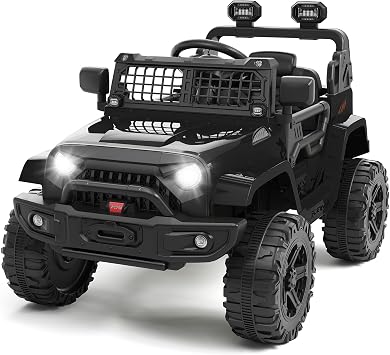 Hetoy 12V Ride on Toys with Parent Remote Control Toddler Electric Vehicle with Spring Suspension, LED Lights, Bluetooth, Music Player, 3 Speeds Ride on Car Truck for Kids Age 3-8 Black