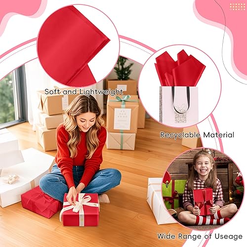Miniatura 2 de Hlonon 50 hojas de papel de seda rojo para bolsas de regalo, 14 x 20 pulgadas, papel de regalo rojo reciclable para bodas, cumpleaños, proyectos de