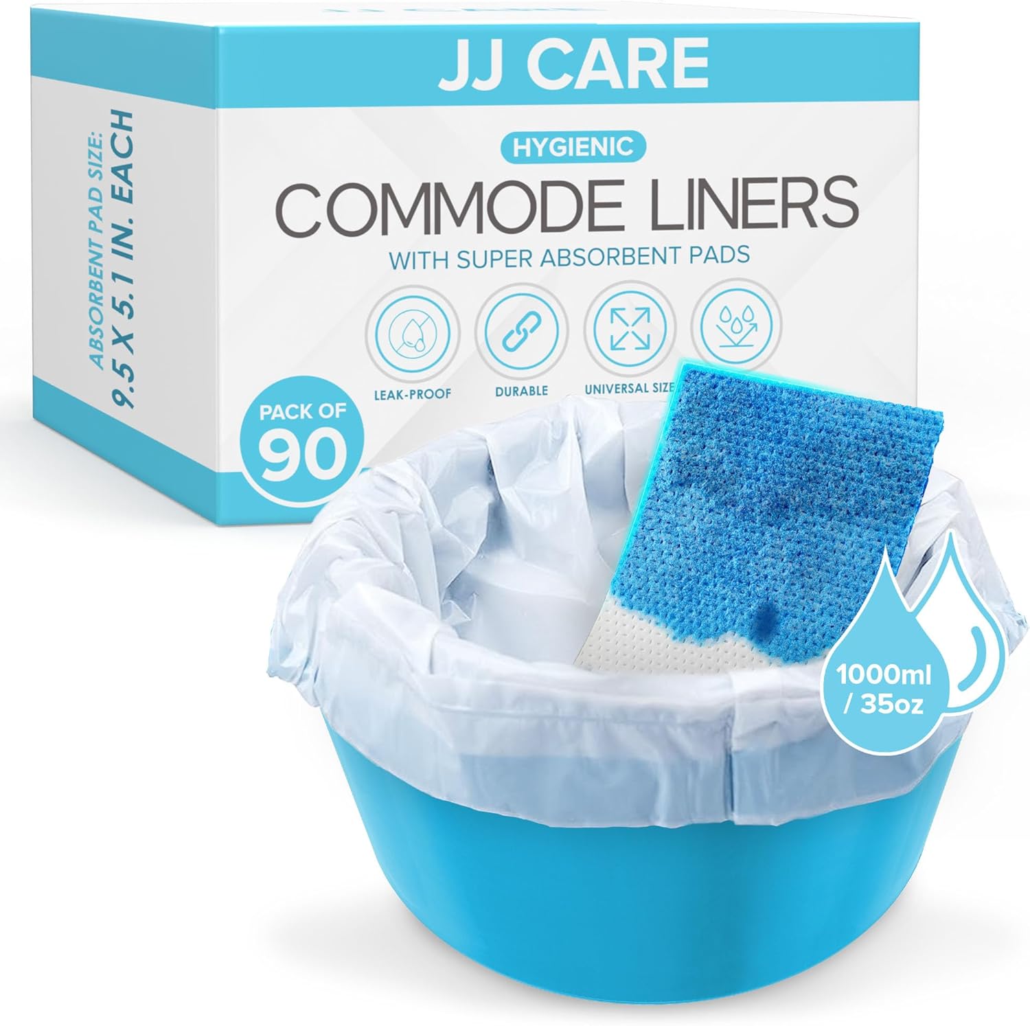 JJ CARE Bedside Commode Liners with Absorbent Pads - Pack of 90 Commode Poop Bags Liners 16"x21" Adults' Portable Bed Pan Toilet Chair, Disposable Toilet Bags for Bedside