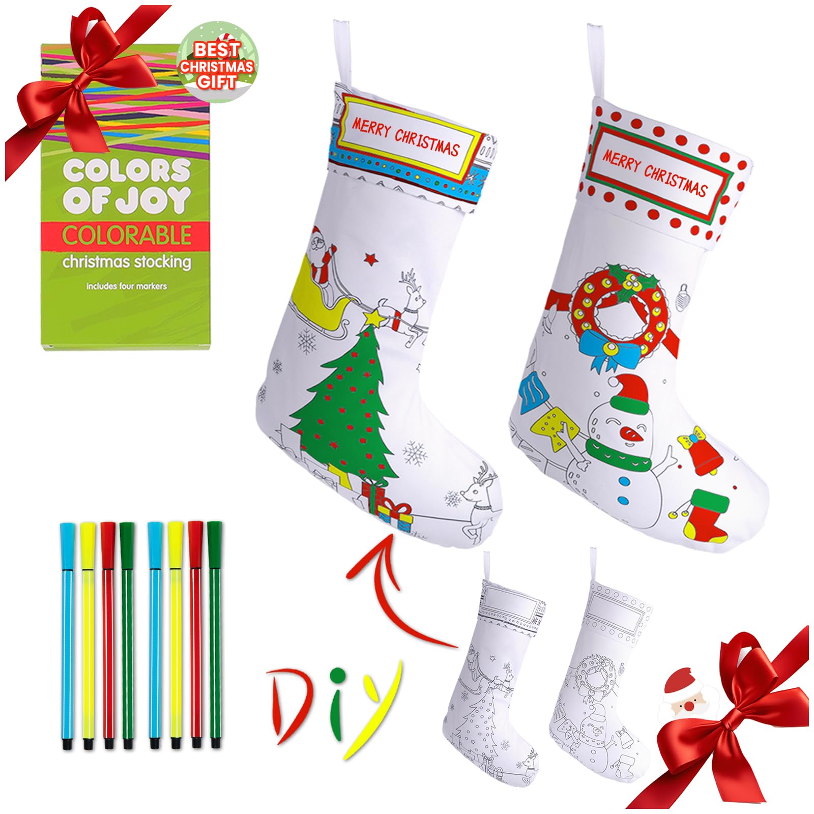 CHANG SONG DIY Stockings Craft Graffiti Kit Christmas Stocks Holiday Decoration Gift for Kids 2 Pack with Watercolor Pens