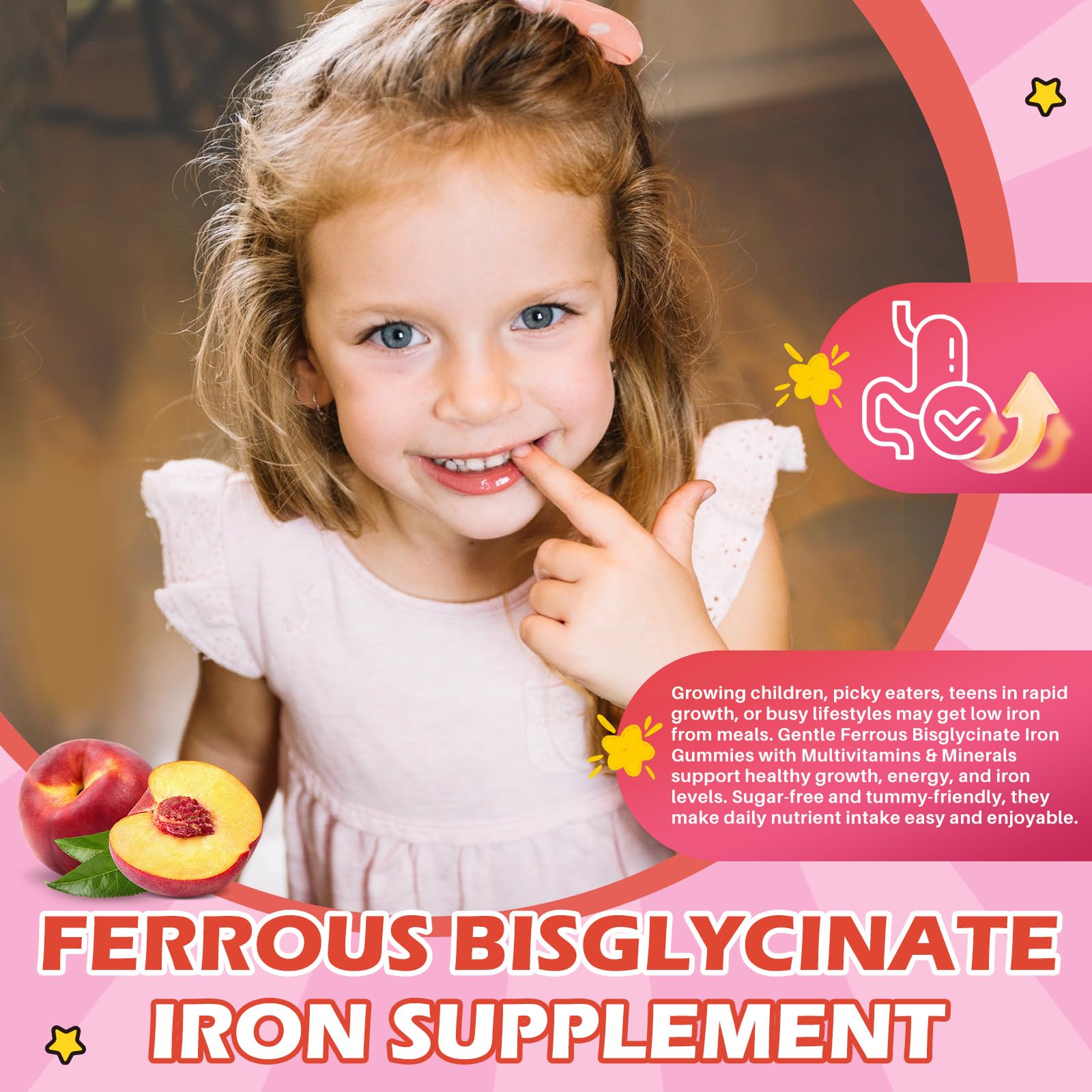 Iron Supplement Gummies for Kids with Multivitamin, Calcium, Zinc, Folate - Kids Iron Gummies Support Immune, Blood Builder, Iron Deficiency, Anemia & Energy - Vegan, Peach 60 Count — Amazon image 6