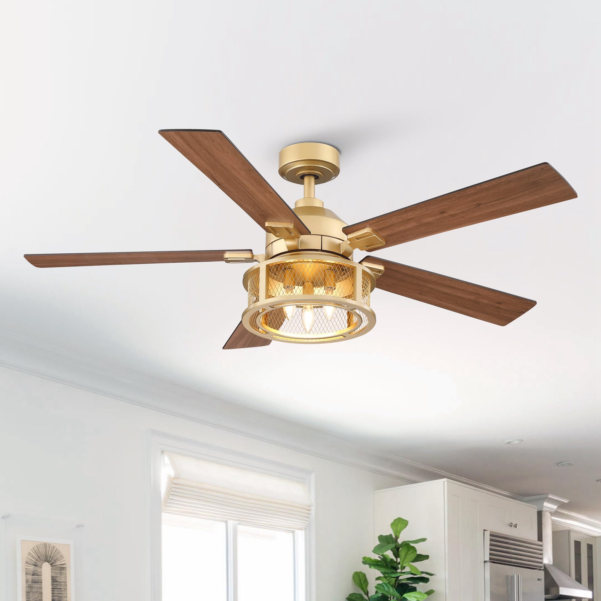 52 Inch Vintage Gold Ceiling Fans with Lights and Remote, 5 Dual Finish Blades, Quiet Reversible Motor, Farmhouse Ceiling Fan Light for Living Room &amp; Bedroom