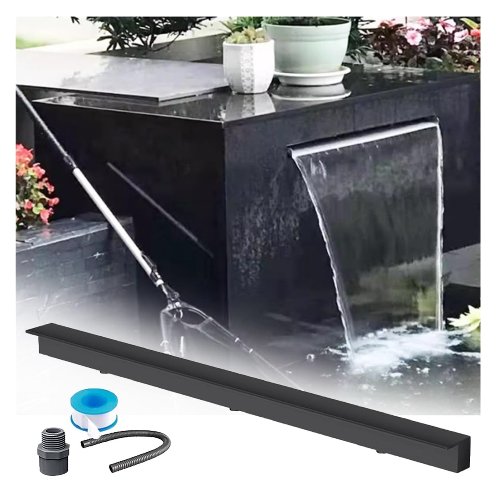 Stainless Steel Black Waterfall Spillway for Koi Ponds - 78" Outdoor Fountain, Flush Mount Pool Box, Overflow Water Feature for Garden Landscaping & Patio Decor