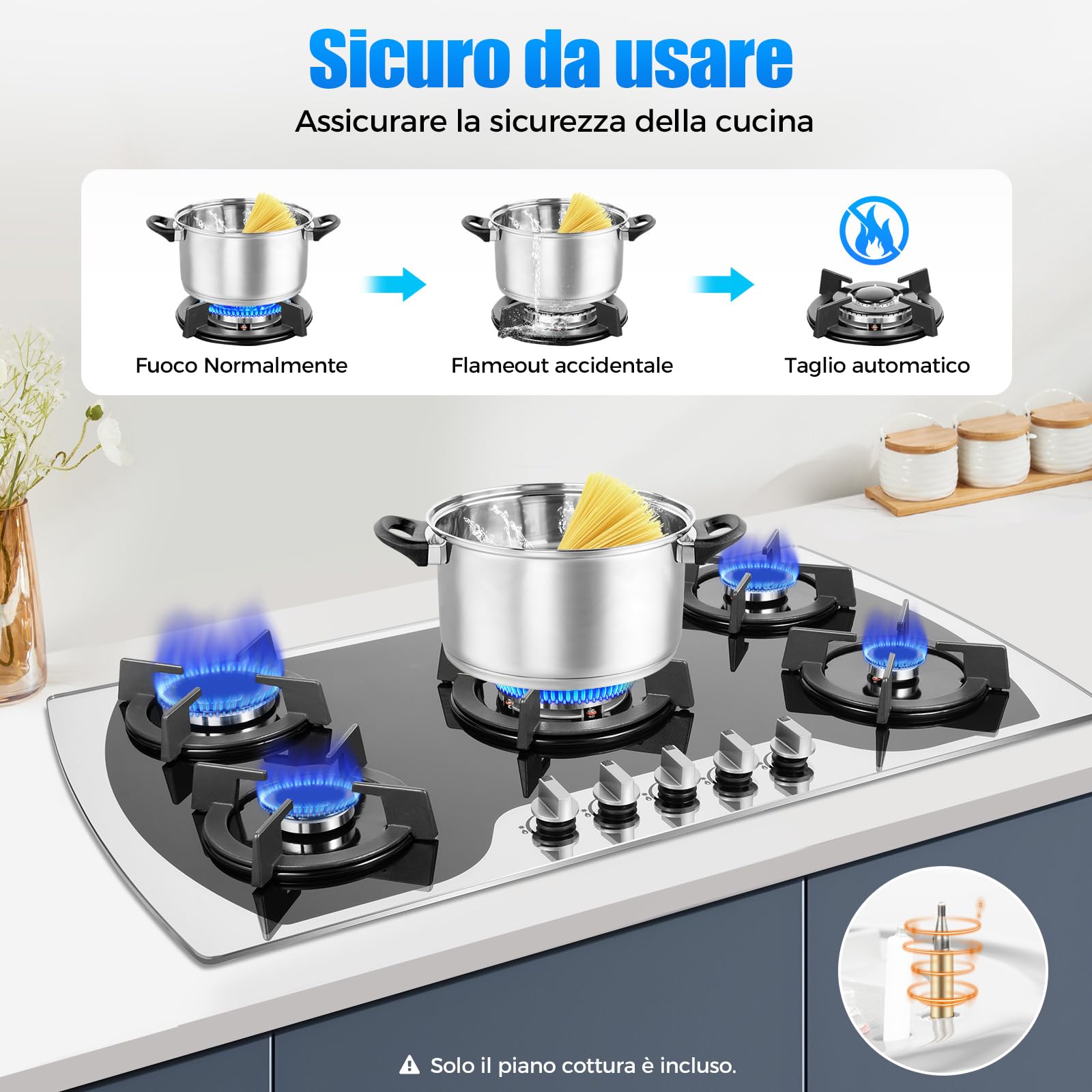 900 x 510 mm, piano cottura a gas a 5 fiamme, da incasso/appoggio, a gas con blocco a bottone, regolazione a 180°, piano cottura a gas LPG/NG, accensione elettrica, sicurezza termocoppia - 5