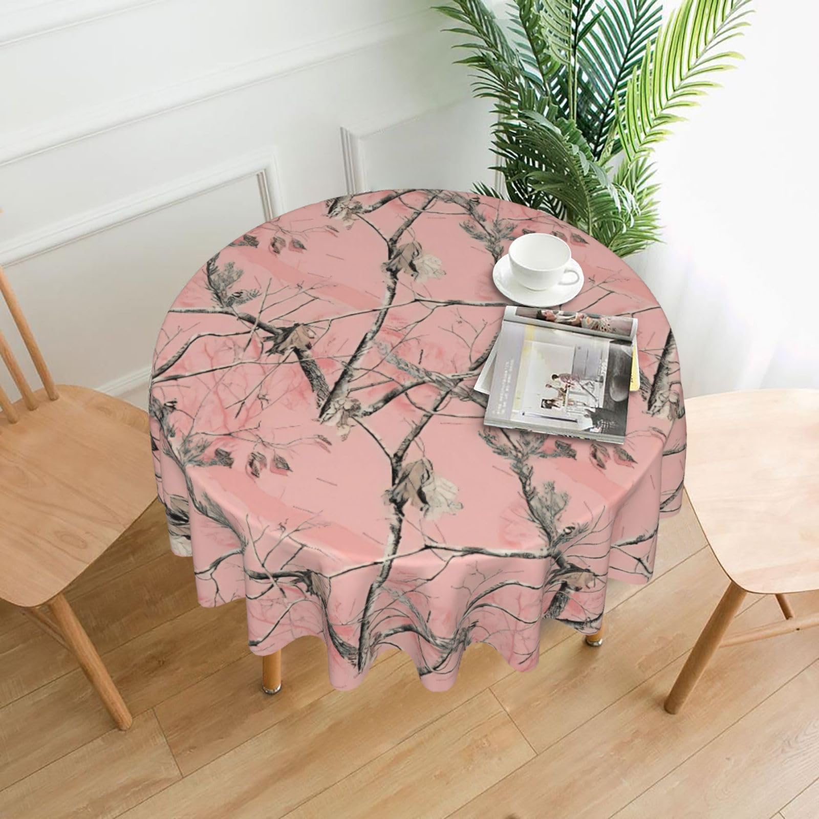 Zcmkjlg Pink leaves Camo Print Quick Ship Round Tablecloth 60in Polyester Washable Cover for Dining Room