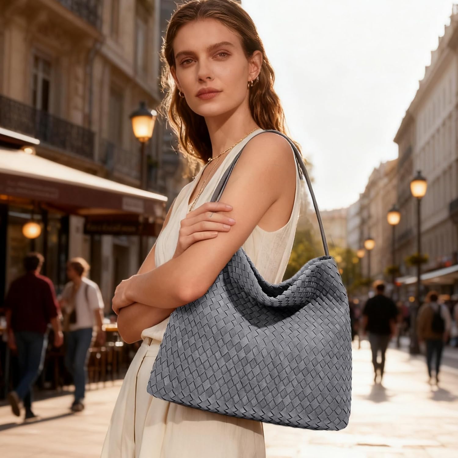 Handwoven Bucket Bag,Grey Suede Shoulder Bag with Adjustable Strap, Large Capacity Tote, 13.4x11.4x4.3 Inches, Woven Design - Image 2