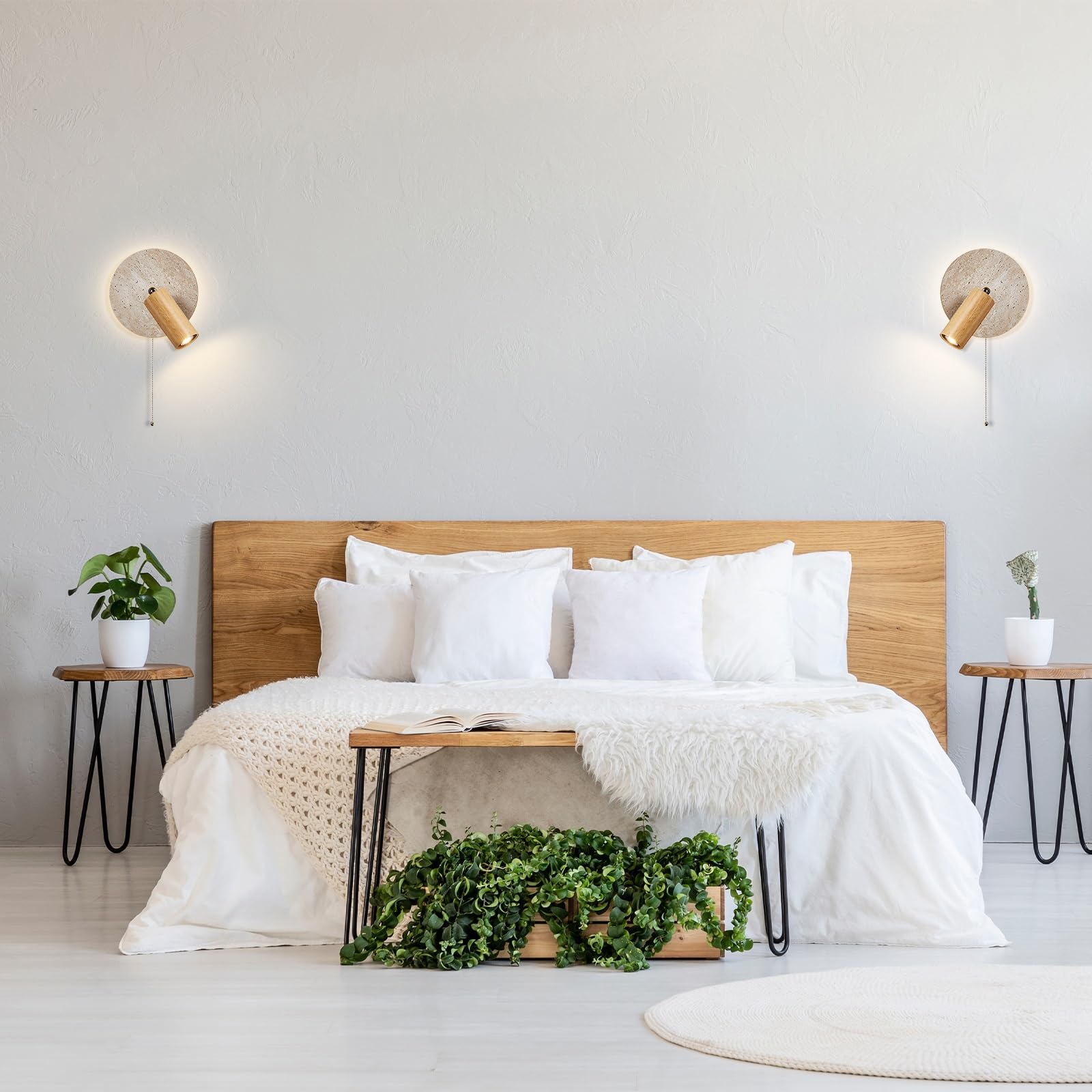 Jadssox Wabi Sabi Kamienny Kinkiet Regulowany Kinkiet Ścienny Z Sznurkiem Lampka Do Czytania Przy Łóżku, Kinkiety Z Trawertynu Obrót 360° + 90° Oświetlenie Ścienne Do Sypialni Salonu(Wood)