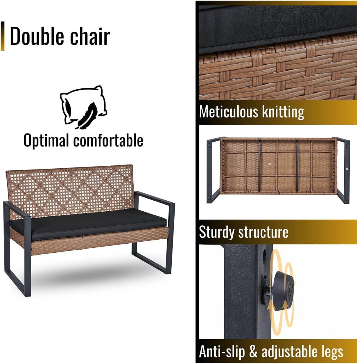 4 Pieces Wicker Patio Furniture Set, Outdoor Patio Furniture Sets Includes 3 Wicker Chair with Cushions, 1 Acacia Wood Table, Outdoor Furniture Set for Patio, Balcony, Porch, Light Brown