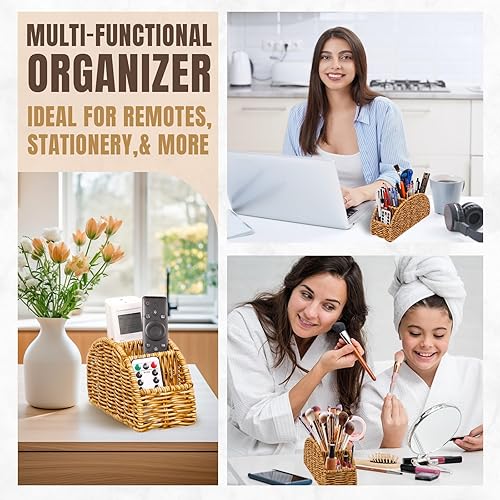 Miniatura 7 de Soporte para control remoto de 5 compartimentos, organizador de ratán sintético para controles remotos de TV, brochas de maquillaje, suministros de
