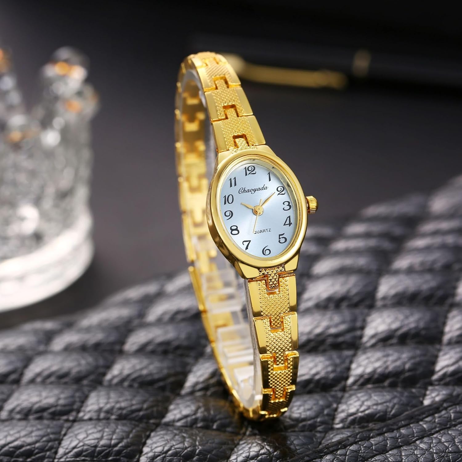 Luxury Watches for Women with Small Vintage Bracelet Elegant Oval Dial Fashion Quartz Wrist Watch (Gold Blue) - Image 2
