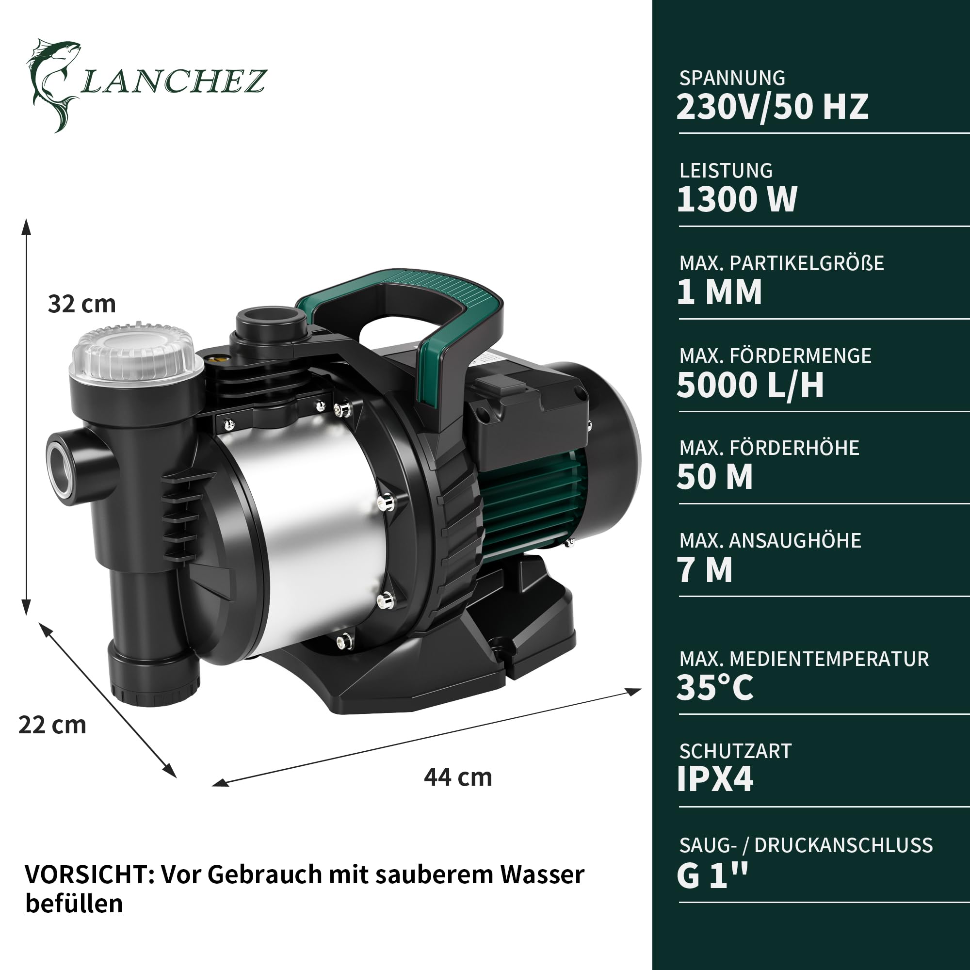 LANCHEZ Gartenpumpe 5000 l/h Fördermenge, Leistung 1300 W, Förderhöhe 50 m, Mit Filter, Wasseranschluss und Ablass, Ansaughöhe bis zu 7 m, Wasserpumpe für Regenfässer, Zisternen, Gartenteiche