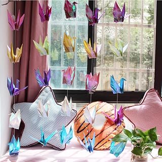 SHHS Twinkle Colorful Paper Crane Hanging Garlands - 3x5.2ft Origami Birds Streamers for Bridal Shower, Baby Shower, Birthday Parties