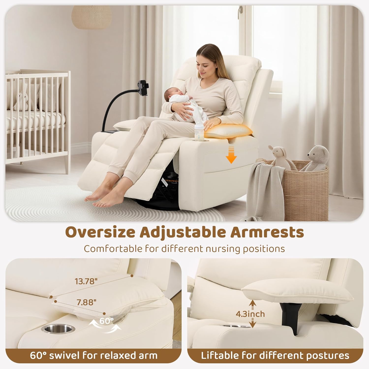 Olela Power Glider Recliner Nursery Chair, Oversized Leather Swivel Rocking Chair with Electric Lumbar Support, USB Charging, Smart Cup Holder, Light, Adjustable Armrest, Wireless Phone Charger Holder