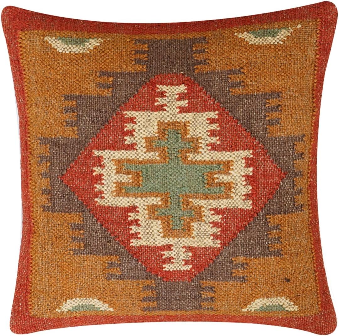 Kilim Rug Pillow 70% Jute 30% Wool Cushion Cover Case Premium Quality Designer Cushion Case 18x18 Vintage Boho Home Decor Pillow Case Handwoven Decorative Throw Pillows Shams for Sofa