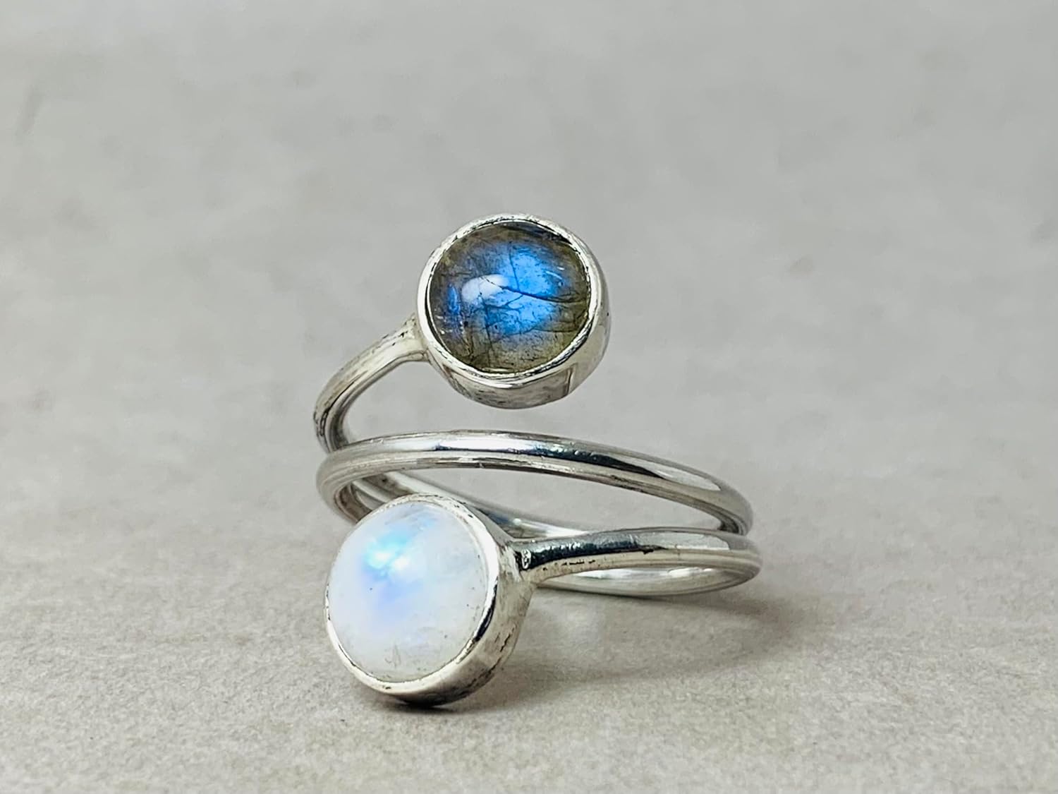 Labradorite and Moonstone Ring 925 Sterling Silver Adjustable Ring Handmade Multi Stone Ring Designer Boho Jewelry for Women Gift for Her