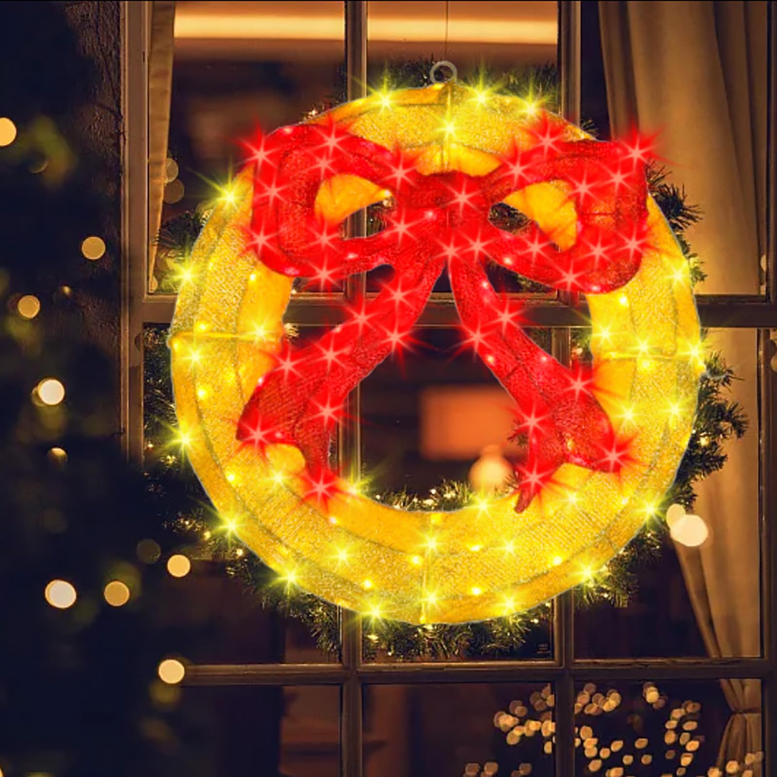 Photo 1 of Outdoor Christmas Wreath Decoration - 24" Bright LED Christmas Wreath Lights with Bow, Large Lighted Christmas Wreaths Window Lights for Wall, Windows, Front Door Decor, Red Bow - Gold Wreath