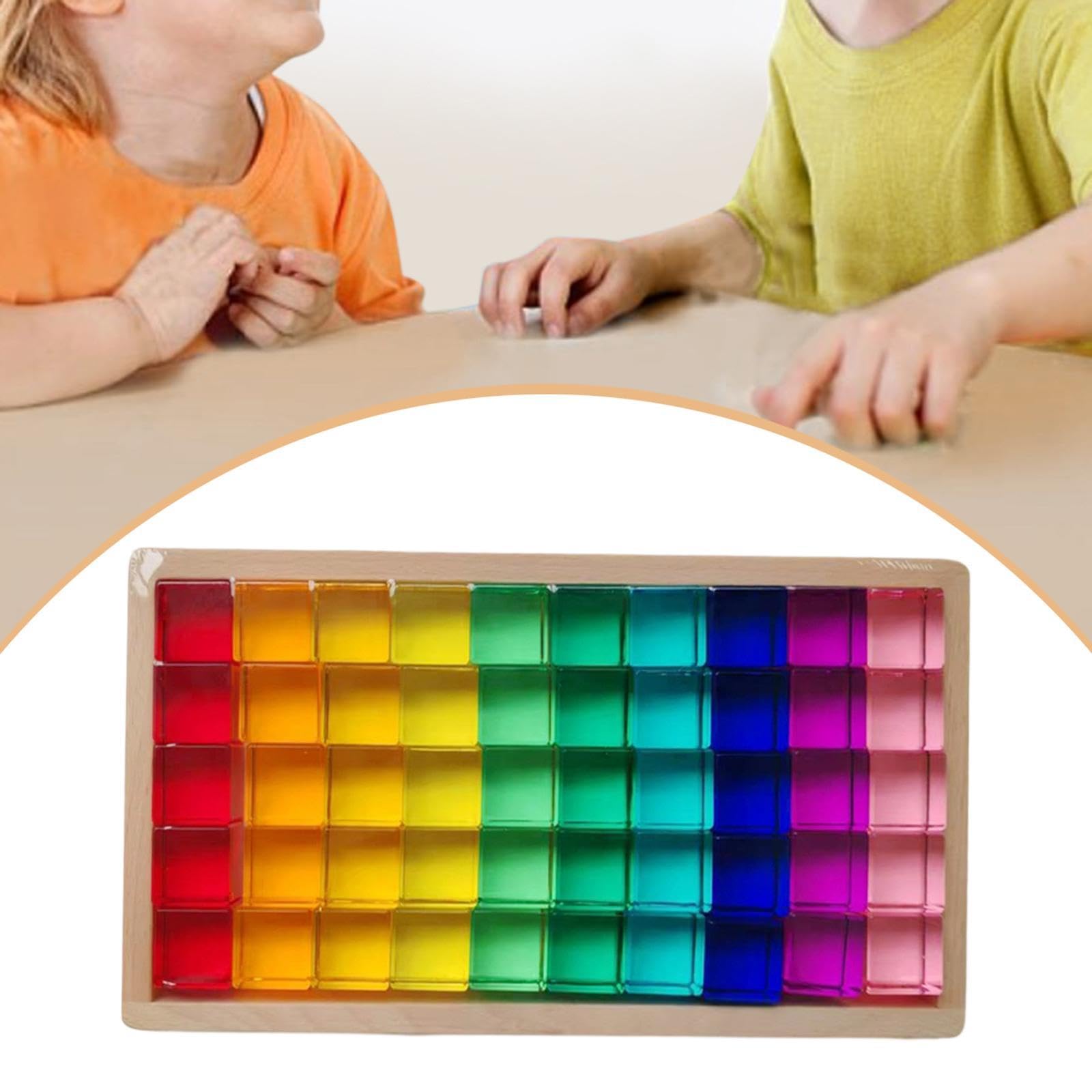 Regenbogen Bausteine Set Kinder mit Acrylklötzen Motorik Stapelspiel Transparent Holzbox Lernspaß für Kinderzimmer Geschenk Draußen Drinnen, 50 Stück