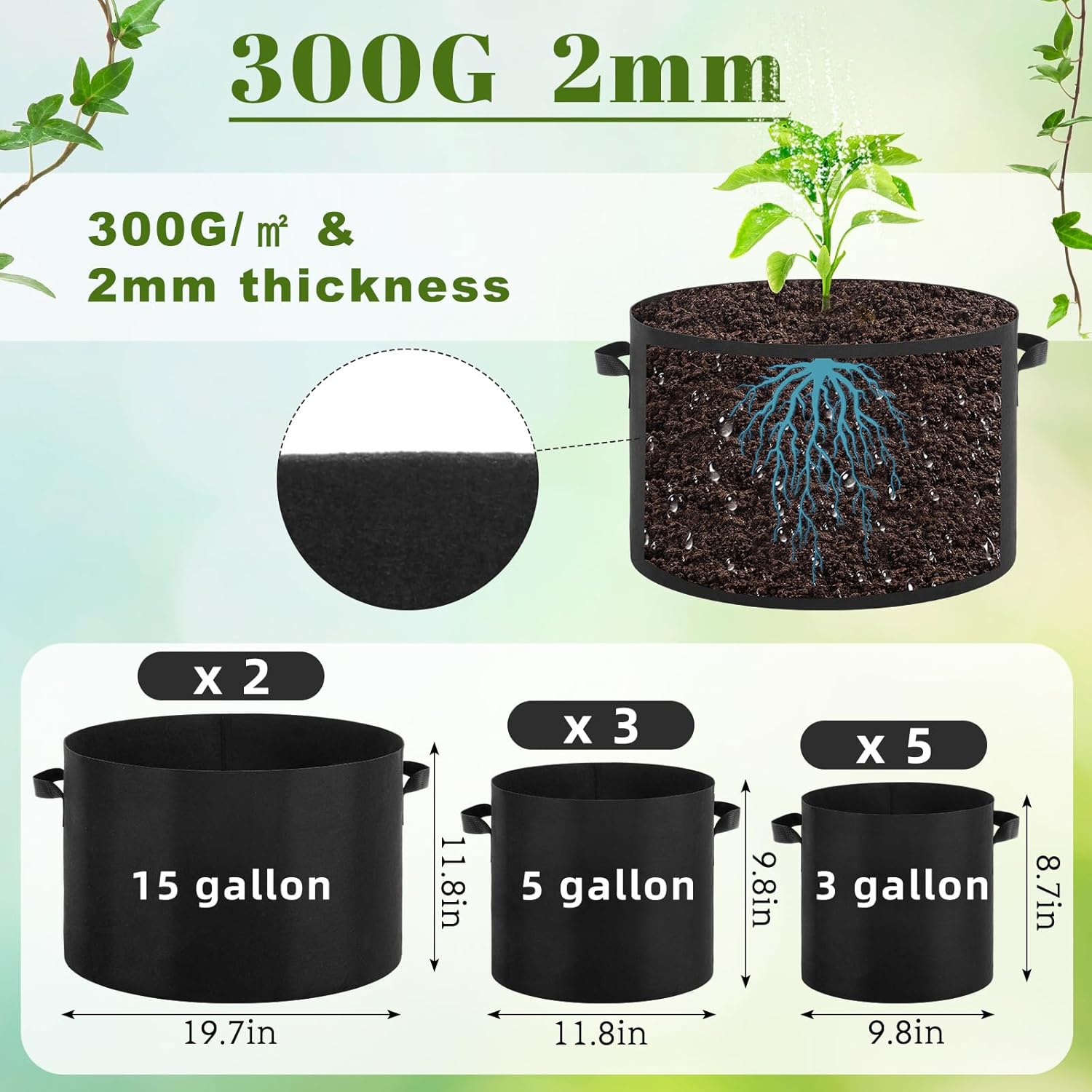 10 Pack Plant Grow Bags 15 Gallon 5 Gallon 3 Gallon Heavy Duty 300g Thickened Nonwoven Aeration Fabric Pots with Handles for Garden Indoor & Outdoor Planting, Moisture Retaining