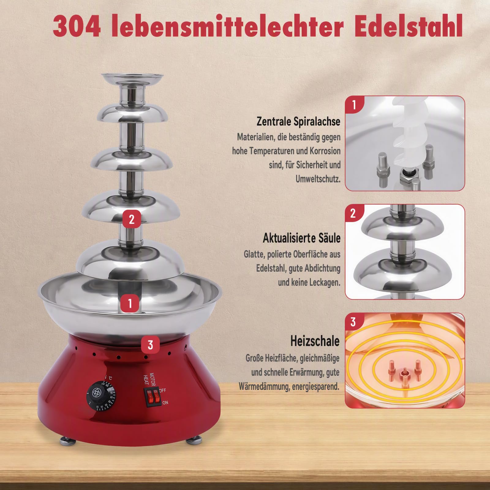 Schokoladenbrunnen, 230W 5 Etagen Schokoladen-Brunnen Maschine, 3L Schokoladenfondue mit einstellbarer Temperatur, Schokofondue aus Edelstah, 86-230F, Warme flüssige Schokoladenfontäne (5 Brunnen Rot)