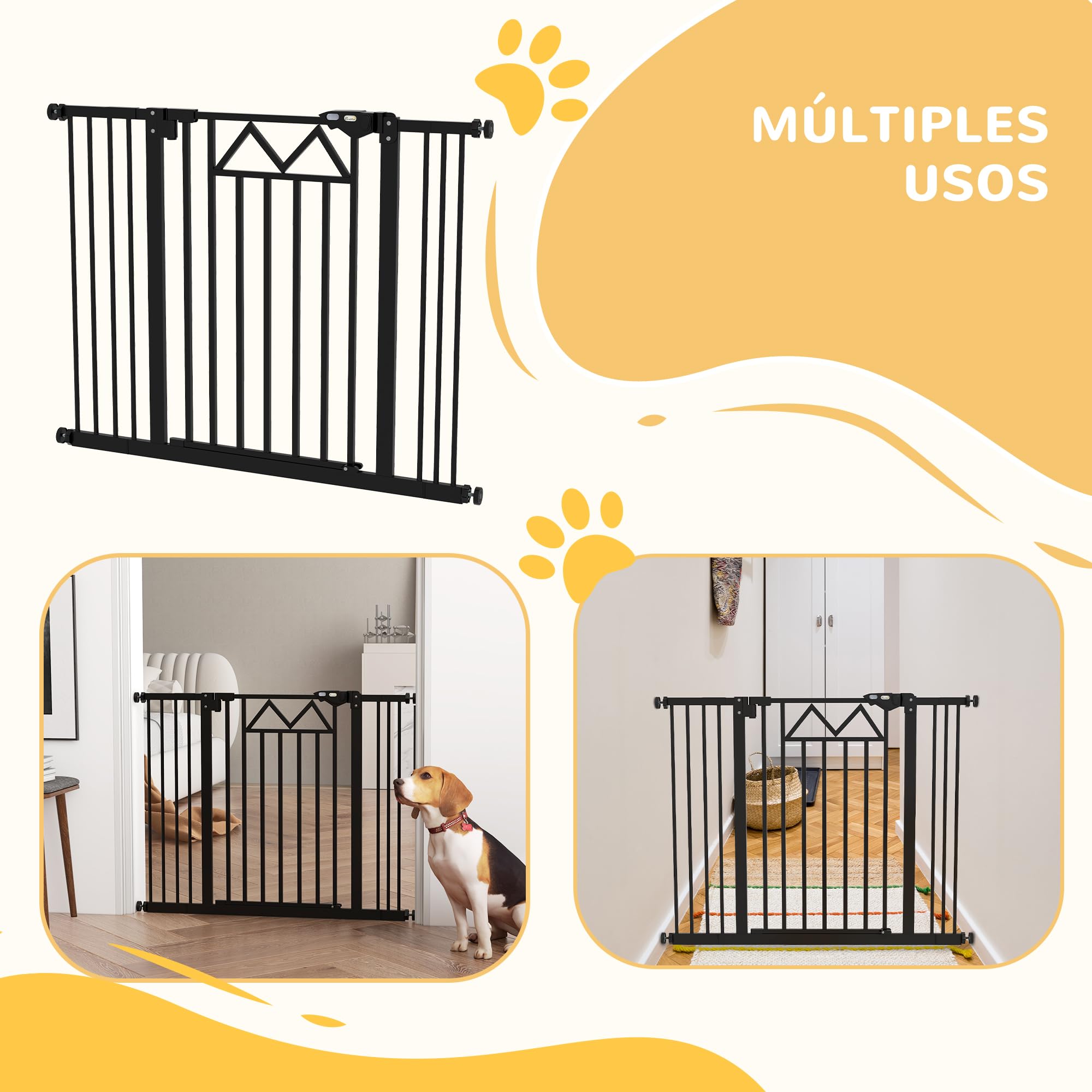 PawHut Barrera de Seguridad para Perros Extensible 74-100 cm, para Puertas y Escaleras, Barrera para Perros con Cierre Automático, Doble Bloqueo, Montaje a Presión y 2 Extensiones 7/14 cm, Negro
