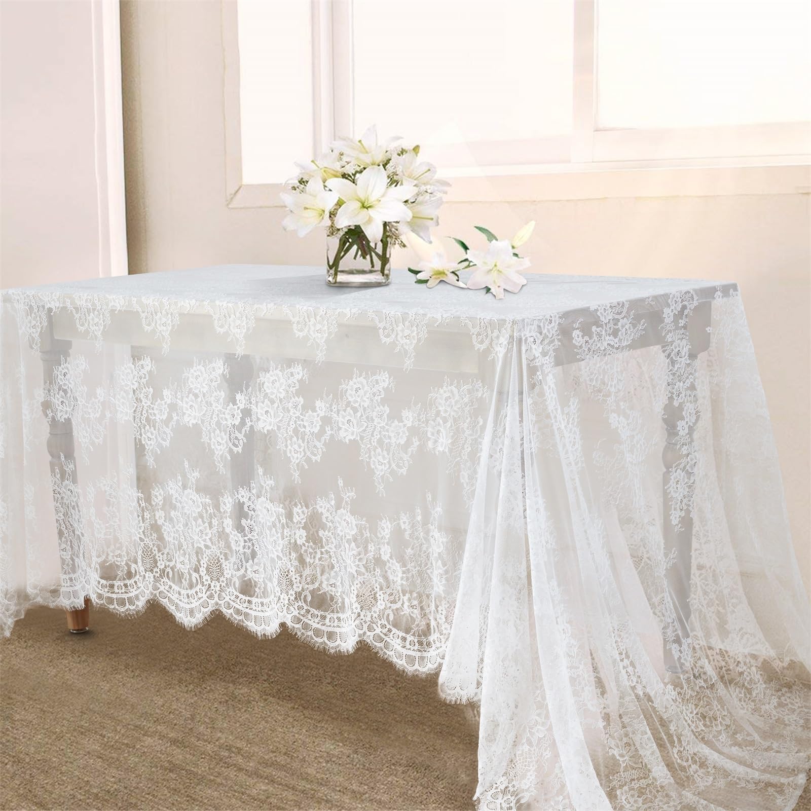 White Lace Table Cloth Vintage Rectangular Tablecloth for Wedding 150x300cm