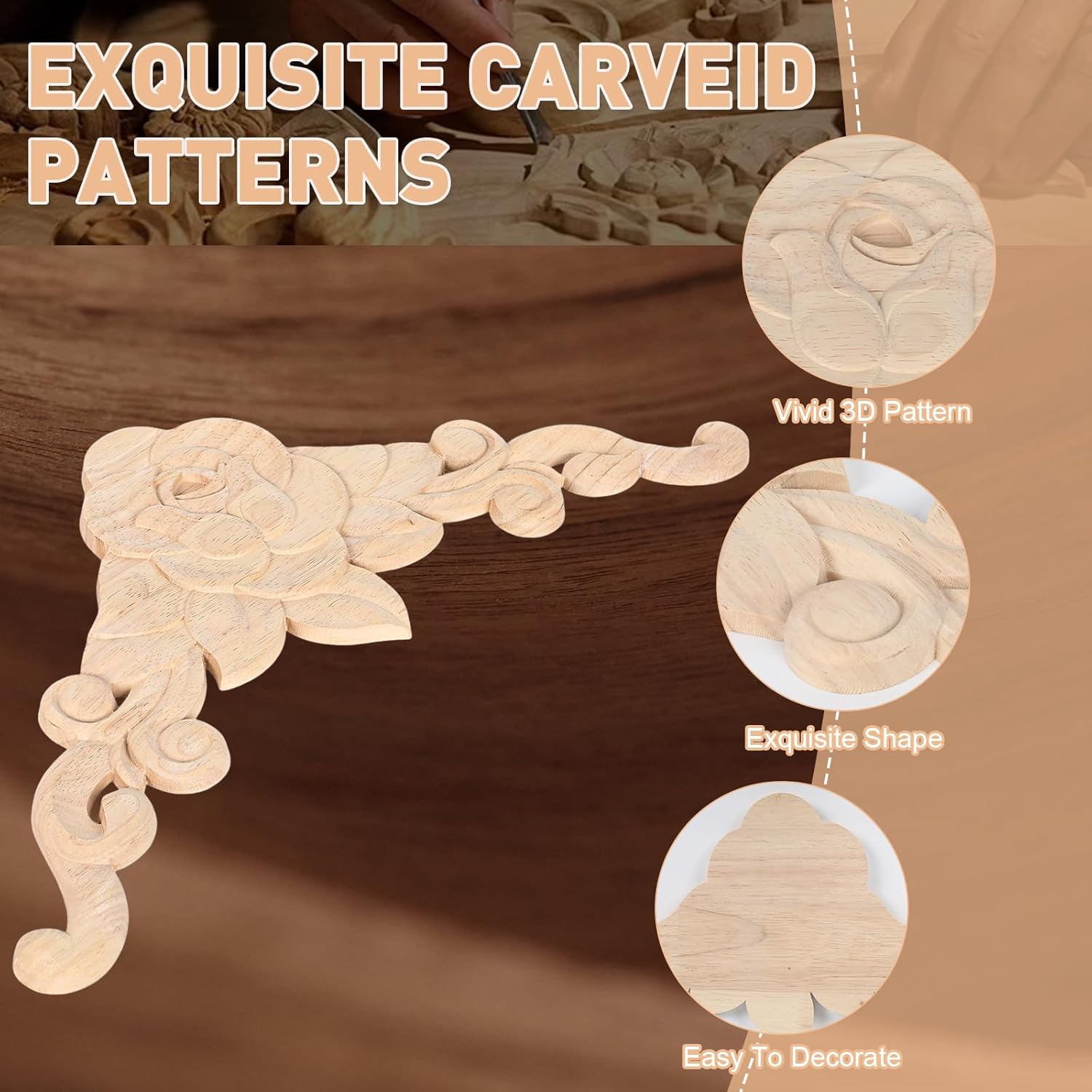 Wood Ceiling Corner Molding Trim 4-Pack, 13.4"x13.4" Carved Floral Wall Panels, French Style Ceiling & Wall Decor for Home