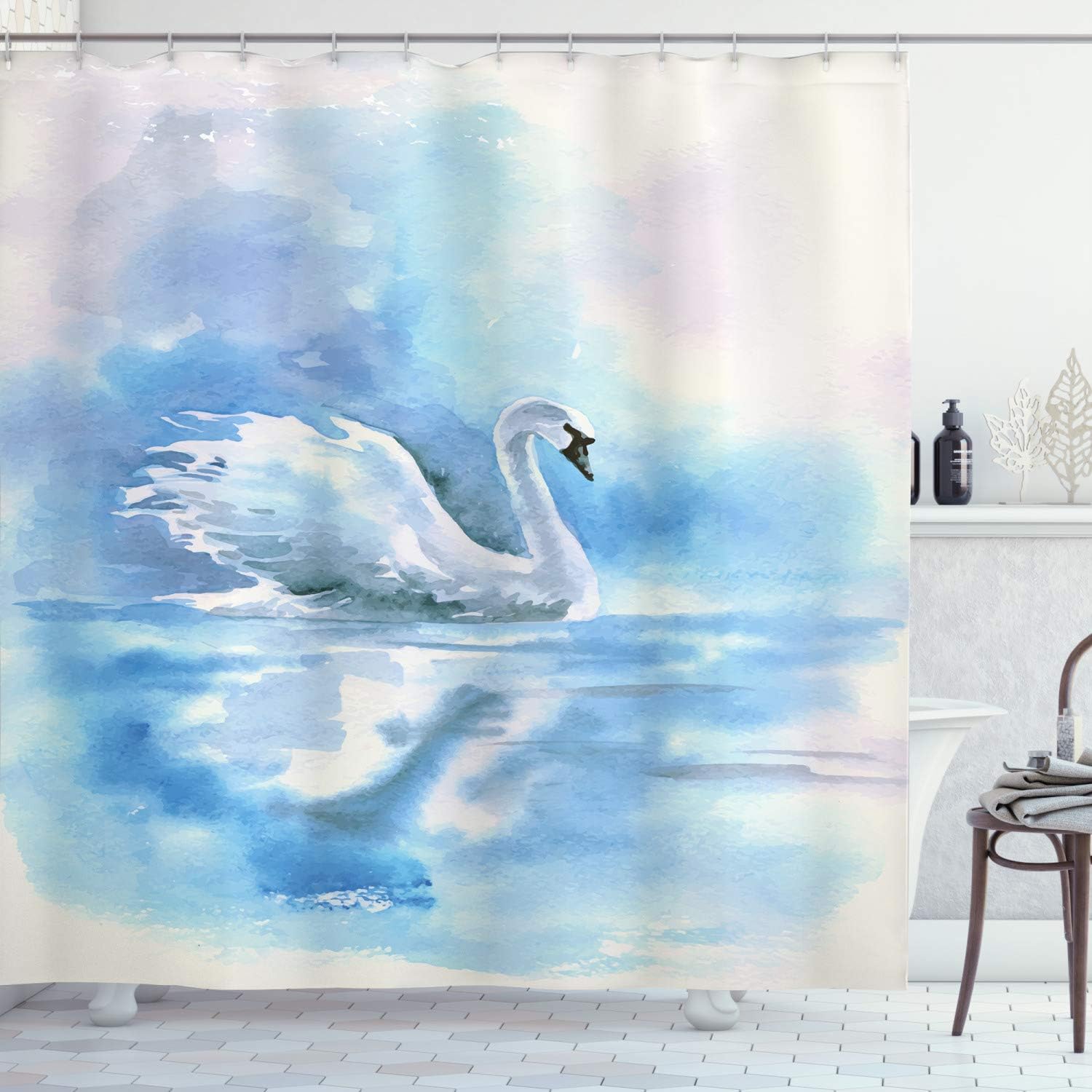 Ambesonne Swan Shower Curtain, Watercolor Drawing Picture of Swan in The River Color Aqua Concept Picture Print, Cloth Fabric Bathroom Decor Set with Hooks, 69" W x 84" L, Blue White