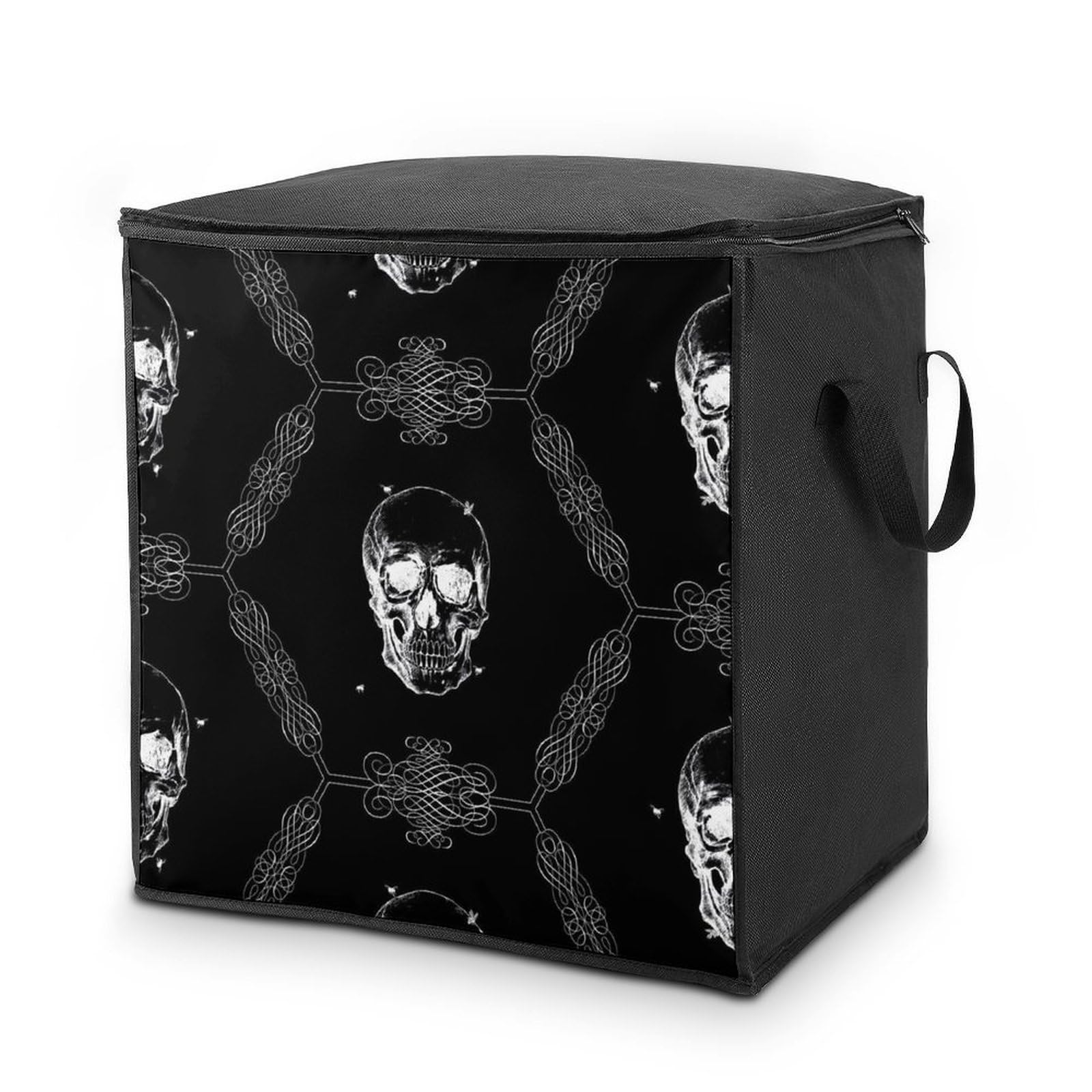 Lyfthologen 70L Storage Bags, Black Scary Skull Storage Box with Lid Zipper And Handles, Clothes Bags for Quilt, Blankets, Bedding