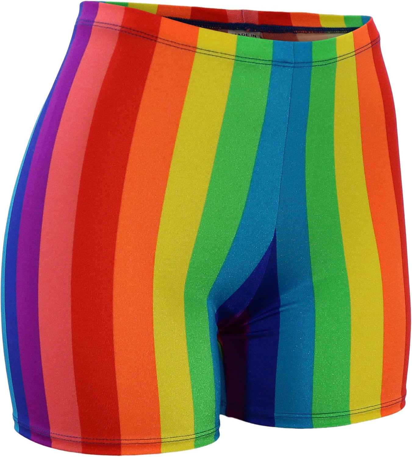 Mid Rise Rainbow Spandex Shorts with a Longer 4" Inseam. Adult and Plus Sizes!