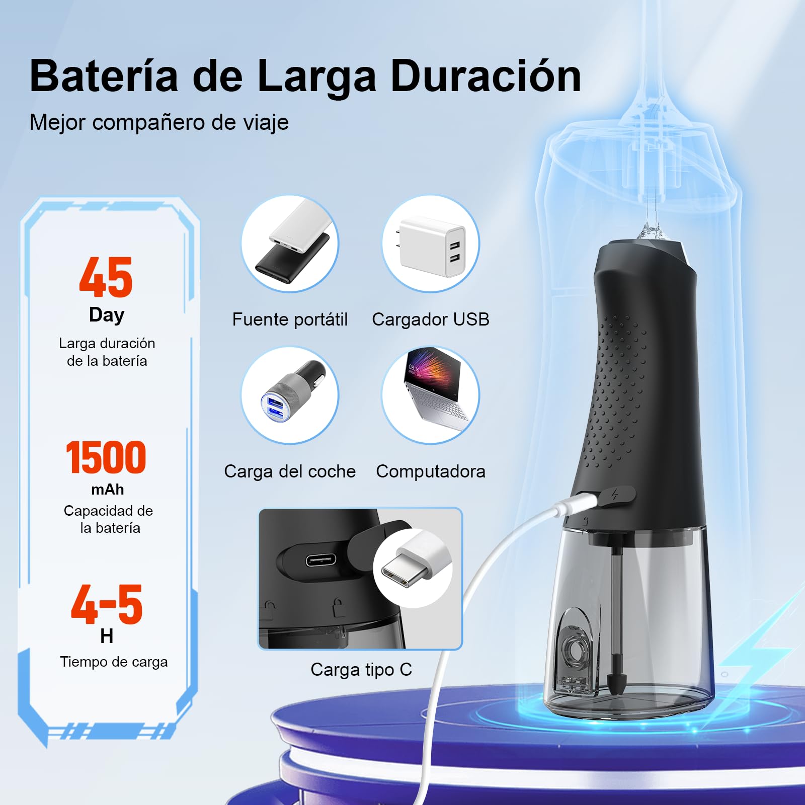 Irrigador Dental Eléctrico Portátil, 320ML Profesional Water Flosser, 4 Modos 5 Boquillas Irrigador Eléctrico Oral, IPX7 Impermeable Irrigador Dental, Hogar y Viaje, Negro