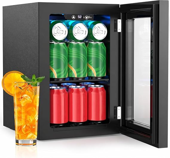 Kismile 18L Beverage Refrigerator Cooler, 24Can Mini Fridge with Glass Door, Quiet Compressor, Countertop Small Fridge with 40-61F Digital Electronic Temperature Control, LED Lgiht for Home and Bar
