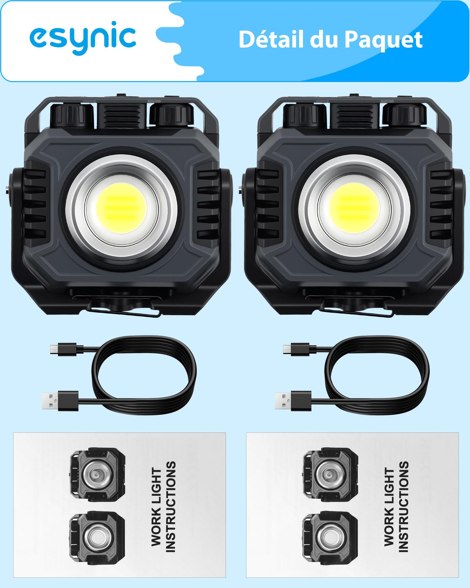 eSynic 2pcs Lampes de Travail LED Portable Rechargeable 5000mAh Lampe de Chantier Projecteur 1500LM et Lampe Torche 600LM Base Magnétique Support à 360° 2700-8000K Étanche IP65 pour Réparation Camping