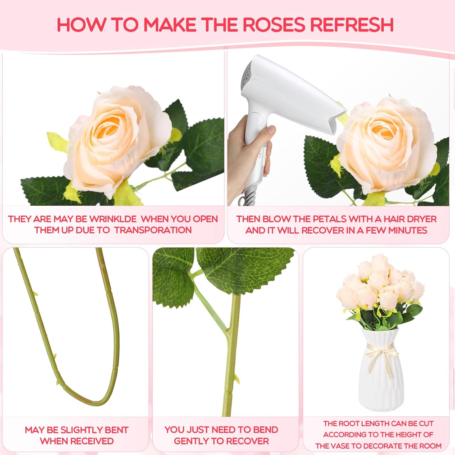 Jexine 100 Pieces Artificial Roses Flowers Bulk, Long Stem Realistic Fake Silk Roses Bouquet for Table Centerpiece Vases Wedding Party Kitchen Decor(Beige) - Image 3